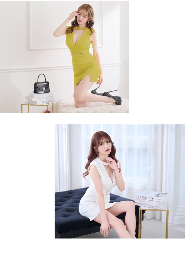 画像8: XSサイズあり【Glossy/グロッシー】チョーカー風ベルト/ カットアウト/ シンプル/ ワンカラー/ ノースリーブ/ タイト/ ミニドレス/ キャバドレス[OF2] (8)