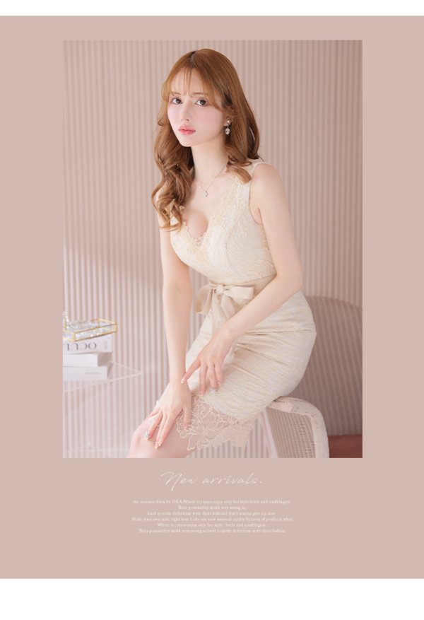 画像6: Lサイズあり【DEA./ディア】フラワーモチーフ/ リボンベルト/ 総レース/ ノースリーブ/ 膝丈/ タイト/ ミディアムドレス/ キャバドレス【OF08】 (6)