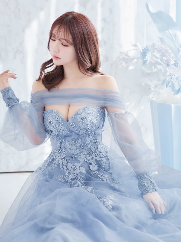 画像4: Lサイズあり【JEAN MACLEAN/ジャンマクレーン】ベア/ オフショル/ 2way/ ショールスリーブ/ 袖あり/ 立体フラワー刺繍/ ラメ/ プリンセス/ ロングドレス/ キャバドレス long[OF2A] (4)