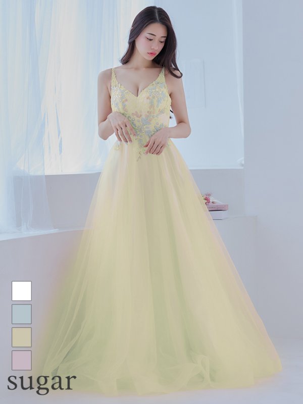 Lサイズあり【JEAN MACLEAN/ジャンマクレーン】フラワーモチーフ/ ネットレース/ スピンドル/ プリンセス/ フレア/ ロングドレス/ キャバドレスlong イエロー