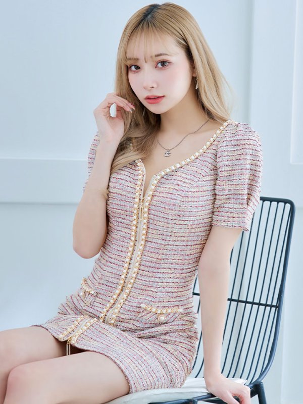 画像2: 【LIMITED SALE開催中！! 11月11日より順次発送予定】XSサイズあり【IRMA/イルマ】ミックスツイード/ ストレッチ/ フロントジップ/ チェーンライン/ 半袖/ パフスリーブ/ タイト/ ミニドレス/ キャバドレス【HC02】 (2)