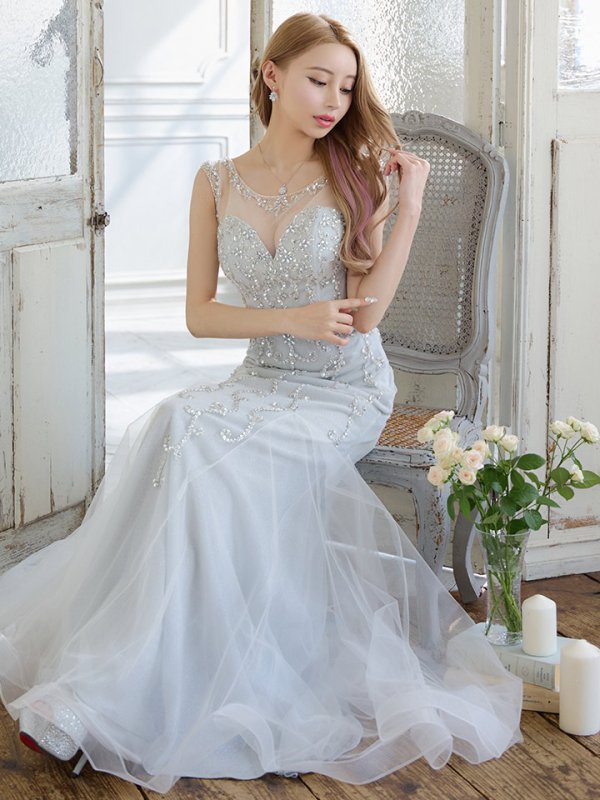 画像3: Lサイズあり【JEAN MACLEAN/ジャンマクレーン】マーメイド/ ビジュー/ 刺繍/ ノースリーブ/ ラメニット/ ネット/ スピンドル/ ロングドレス/ キャバドレスlong[OF2A] (3)