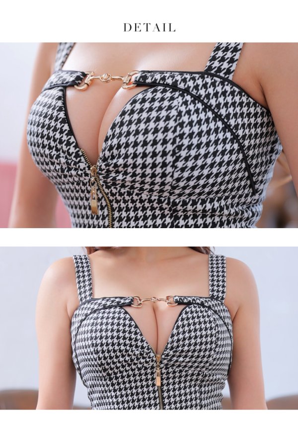 画像13: XSサイズあり【Glossy/グロッシー】ツイード/ 千鳥柄/ ジップ/ チェーン/ フロントロックデザイン/ セットアップ/ タイト/ ミニドレス/ キャバドレス[OF08] (13)