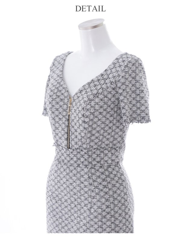 画像7: XSサイズあり【IRMA/イルマ】ストレッチ/ ツイード/ フロントジップ/ フリンジ/ 半袖/ 袖あり/ タイト/ ミニドレス/ キャバドレス【HC02】 (7)