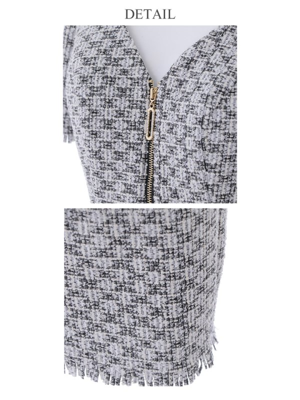 画像8: XSサイズあり【IRMA/イルマ】ストレッチ/ ツイード/ フロントジップ/ フリンジ/ 半袖/ 袖あり/ タイト/ ミニドレス/ キャバドレス【HC02】 (8)