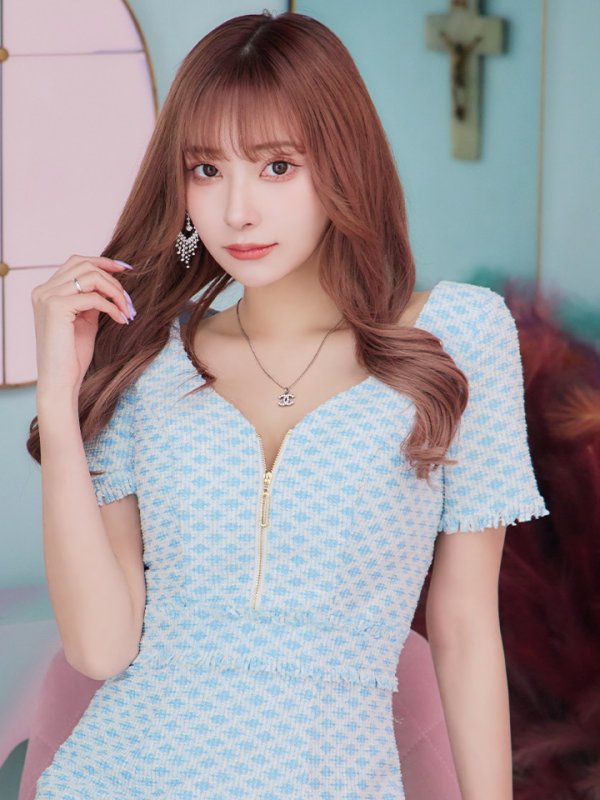 画像3: XSサイズあり【IRMA/イルマ】ストレッチ/ ツイード/ フロントジップ/ フリンジ/ 半袖/ 袖あり/ タイト/ ミニドレス/ キャバドレス【HC02】 (3)