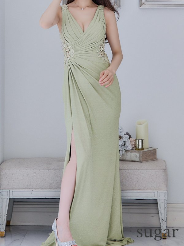 画像14: sugarオリジナルカラーあり【JEAN MACLEAN/ジャンマクレーン】ワンカラー/ ラメ/ スリット/ タック/ 刺繍/ サイドシアー/ ノースリーブ/ Vネック/ ロングドレス/ キャバドレスlong[OF2A] (14)