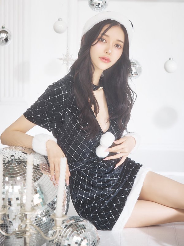 画像2: 【即日発送！】【サンタコス 4点セット】【XS-XLサイズ/2カラー】袖付きビジューベロアタイトサンタコスプレ[YMT] (2)