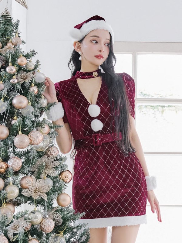 画像31: 【即日発送！】【サンタコス 4点セット】【XS-XLサイズ/2カラー】袖付きビジューベロアタイトサンタコスプレ[YMT] (31)