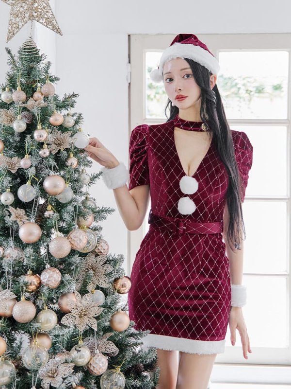 画像32: 【即日発送！】【サンタコス 4点セット】【XS-XLサイズ/2カラー】袖付きビジューベロアタイトサンタコスプレ[YMT] (32)