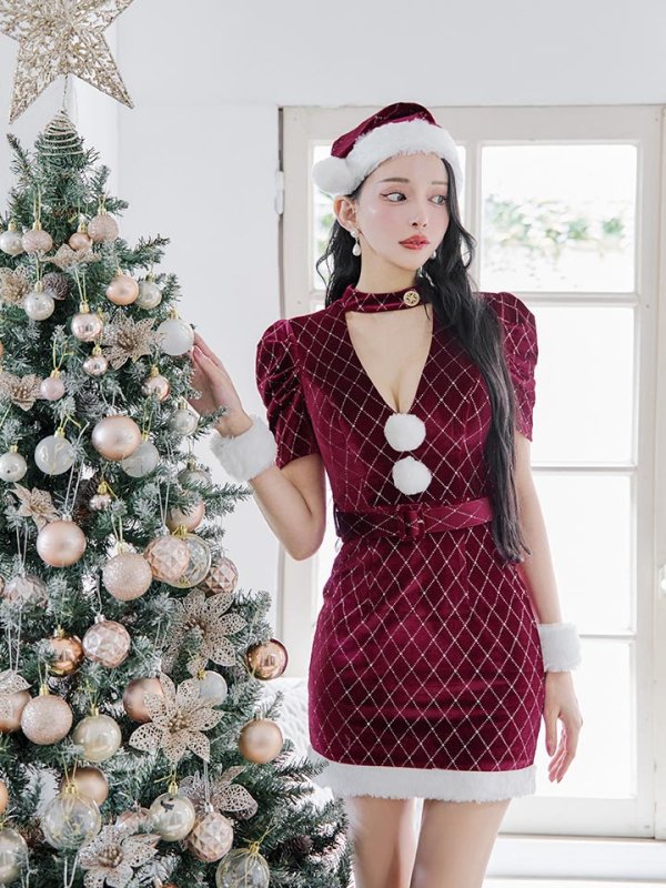 画像33: 【即日発送！】【サンタコス 4点セット】【XS-XLサイズ/2カラー】袖付きビジューベロアタイトサンタコスプレ[YMT] (33)