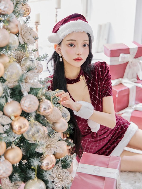 画像23: 【即日発送！】【サンタコス 4点セット】【XS-XLサイズ/2カラー】袖付きビジューベロアタイトサンタコスプレ[YMT] (23)