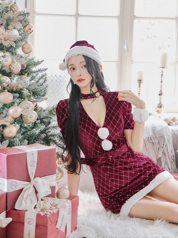 画像24: 【即日発送！】【サンタコス 4点セット】【XS-XLサイズ/2カラー】袖付きビジューベロアタイトサンタコスプレ[YMT] (24)