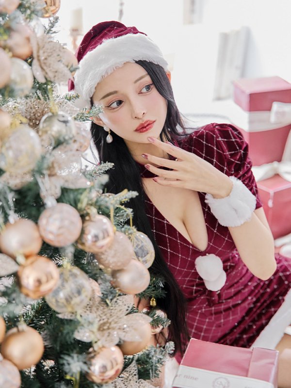 画像26: 【即日発送！】【サンタコス 4点セット】【XS-XLサイズ/2カラー】袖付きビジューベロアタイトサンタコスプレ[YMT] (26)