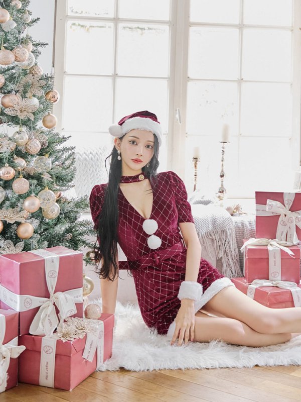 画像28: 【即日発送！】【サンタコス 4点セット】【XS-XLサイズ/2カラー】袖付きビジューベロアタイトサンタコスプレ[YMT] (28)