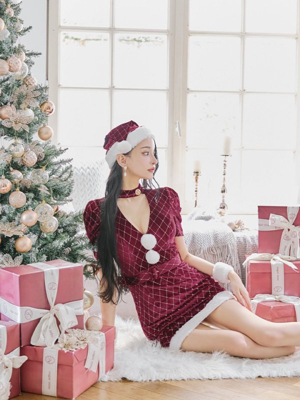 画像29: 【即日発送！】【サンタコス 4点セット】【XS-XLサイズ/2カラー】袖付きビジューベロアタイトサンタコスプレ[YMT] (29)