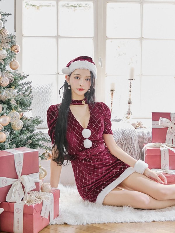 画像30: 【即日発送！】【サンタコス 4点セット】【XS-XLサイズ/2カラー】袖付きビジューベロアタイトサンタコスプレ[YMT] (30)