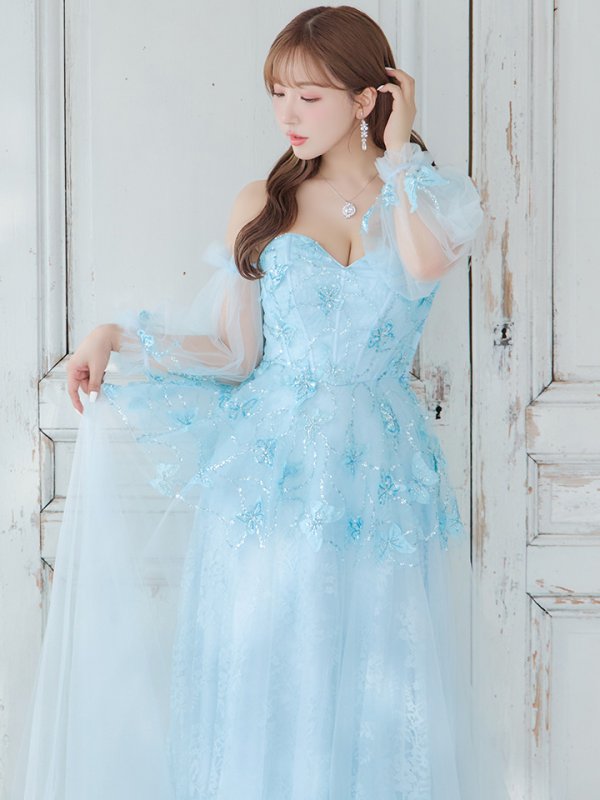 画像6: Lサイズあり【JEAN MACLEAN/ジャンマクレーン】ベア/ オフショル/ 2way/ パフスリーブ/ 袖あり/ コルセット風/ スピンドル/ 立体モチーフ/ ネットレース/ プリンセス/ ロングドレス/ キャバドレス long[OF2A] (6)