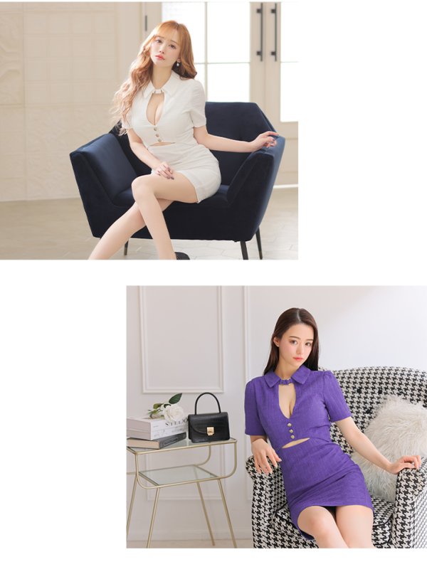 画像8: XSサイズあり【Glossy/グロッシー】バストカット/ ウエストカット/ 袖あり/ 半袖/ バックル/ ストレッチ/ タイト/ ミニドレス/ キャバドレス[OF08] (8)