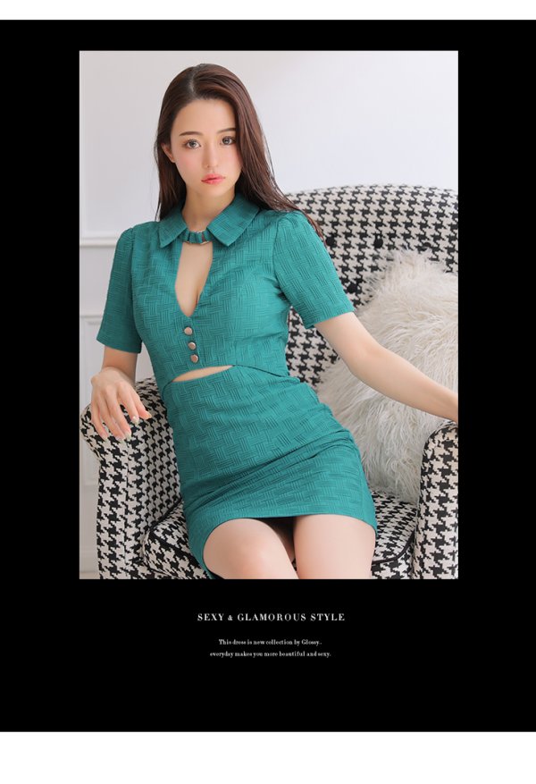 画像9: XSサイズあり【Glossy/グロッシー】バストカット/ ウエストカット/ 袖あり/ 半袖/ バックル/ ストレッチ/ タイト/ ミニドレス/ キャバドレス[OF08] (9)