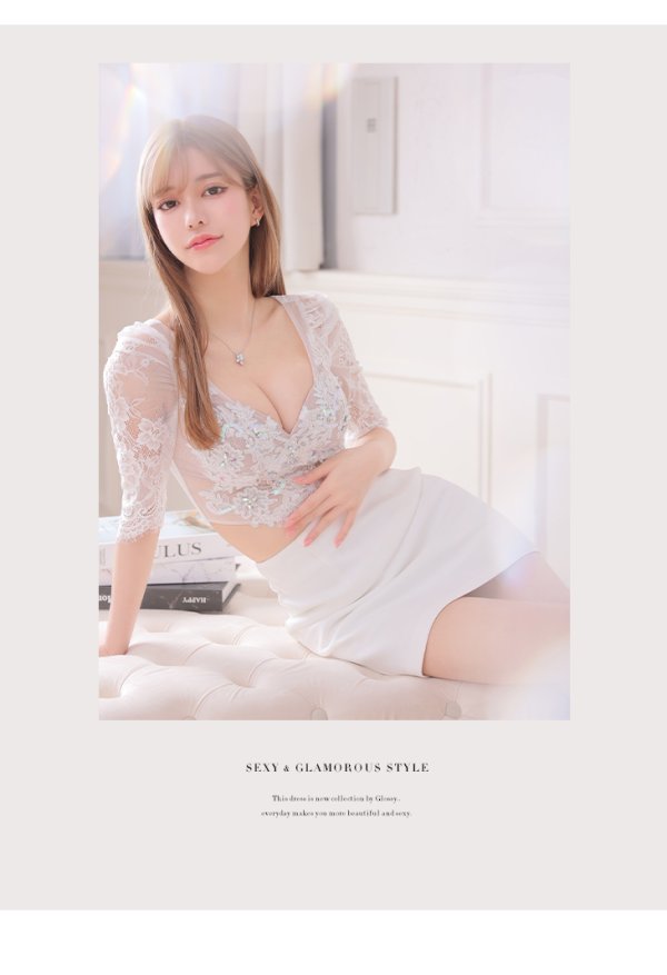 画像2: XSサイズあり【Glossy/グロッシー】レース/ ビジュー/ 五分袖/ 七分袖/ 袖あり/ セットアップ/ タイト/ ミニドレス/ キャバドレス[OF08] (2)