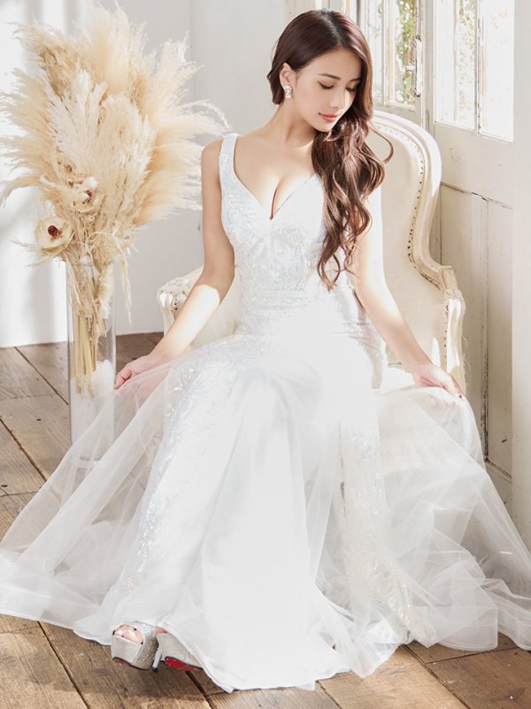 画像4: 【JEAN MACLEAN/ジャンマクレーン】マーメイド/ スパンコール刺繍/ ノースリーブ/ Vネック/ ネットレース/ スピンドル/ ロングドレス/ キャバドレスlong[OF2A] (4)