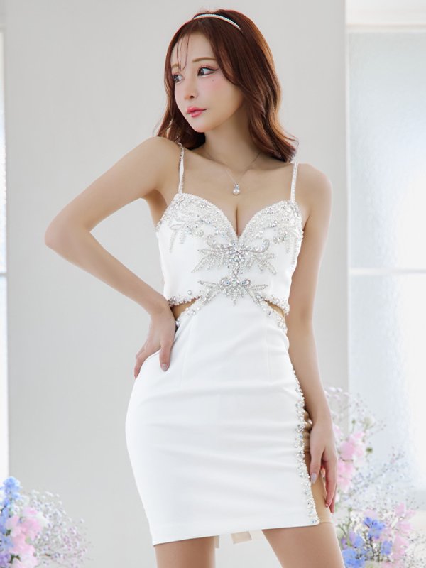 画像4: sugarオリジナルカラー・XSサイズあり【IRMA/イルマ】ワンカラー/ キャミソール/ ビジュー刺繍/ シアー/ タイト/ ミニドレス/ キャバドレス【HC02】 (4)