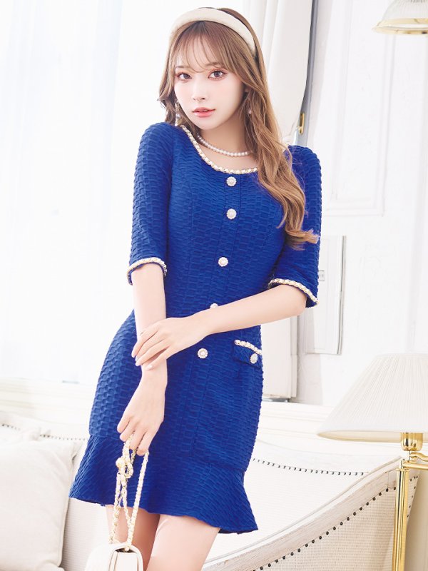 画像8: Lサイズあり【IRMA/イルマ】マーメイド/ 半袖/ 五分袖/ 袖あり/ フロントボタン/ チェーン/ ワンカラー/ 裾フリル/ ミニドレス/ キャバドレス【HC02】 (8)