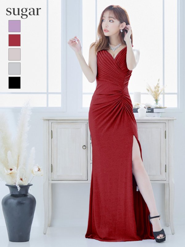 sugarオリジナルカラー・Lサイズあり【JEAN MACLEAN/ジャンマクレーン】ワンカラー/ ラメ/ スリット/ ドレープ/ ノースリーブ/ Vネック/ タイト/ ロングドレス/ キャバドレスlong　レッド