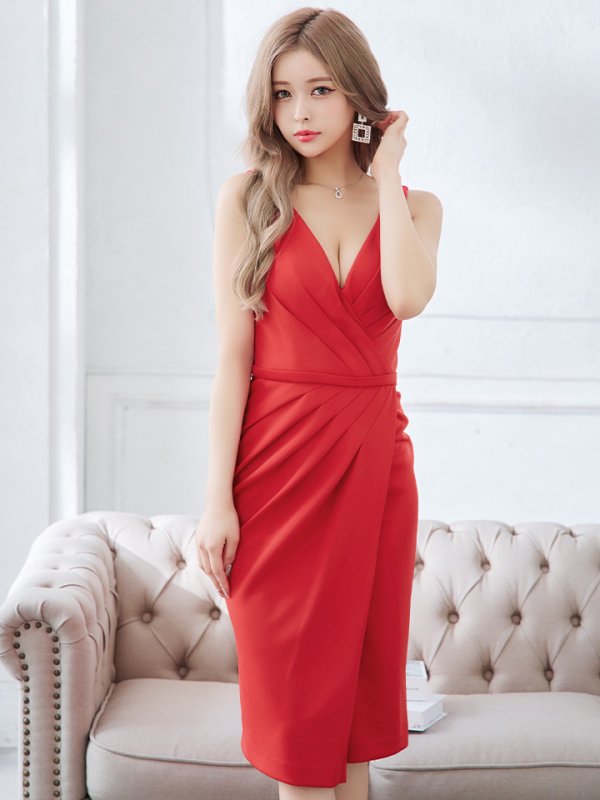 画像6: sugarオリジナルカラー・Lサイズあり【JEAN MACLEAN/ジャンマクレーン】シンプル/ ワンカラー/ Vネック/ ノースリーブ/ タック/ タイト/ 膝丈/ ミディアムドレス/ キャバドレス【HC02】 (6)