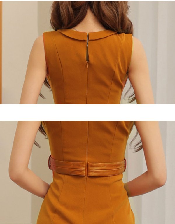 画像41: XSサイズあり【Glossy/グロッシー】襟付き/ レザーベルトデザイン/ ノースリーブ/ シンプル/ ワンカラー/ タイト/ ミニドレス/ キャバドレス[OF08] (41)