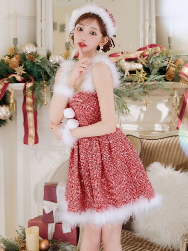 画像31: 【一部予約商品/11月中旬発送予定】【サンタコス 4点セット】【XS-XLサイズ/3カラー】ラメツイードミニワンピースサンタ[YMT] (31)