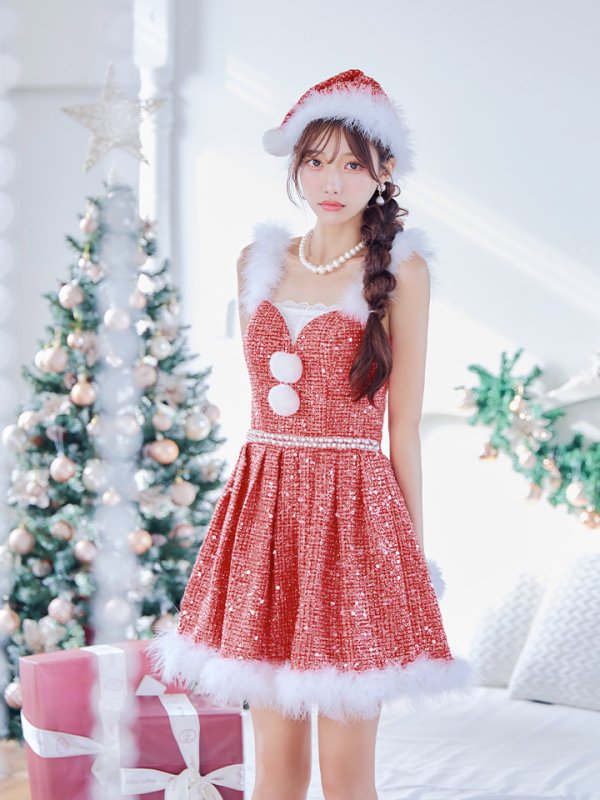 画像31: 【一部予約商品/11月中旬発送予定】【サンタコス 4点セット】【XS-XLサイズ/3カラー】ラメツイードミニワンピースサンタ[YMT] (31)