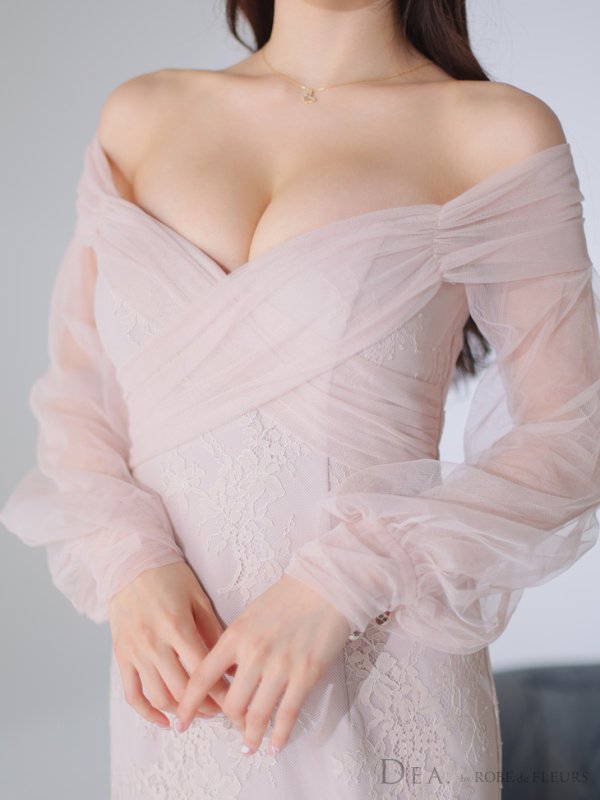 画像15: Lサイズあり【DEA./ディア】チュールスリーブ/ オフショル/ 長袖/ 総レース/ マーメイド/ ミモレ丈/ ミディアムドレス/ キャバドレス【OF08】 (15)