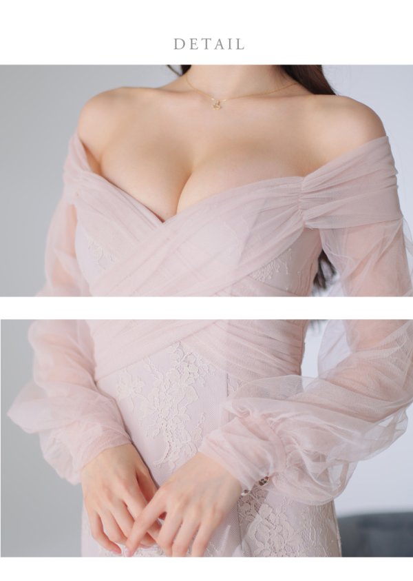 画像17: Lサイズあり【DEA./ディア】チュールスリーブ/ オフショル/ 長袖/ 総レース/ マーメイド/ ミモレ丈/ ミディアムドレス/ キャバドレス【OF08】 (17)