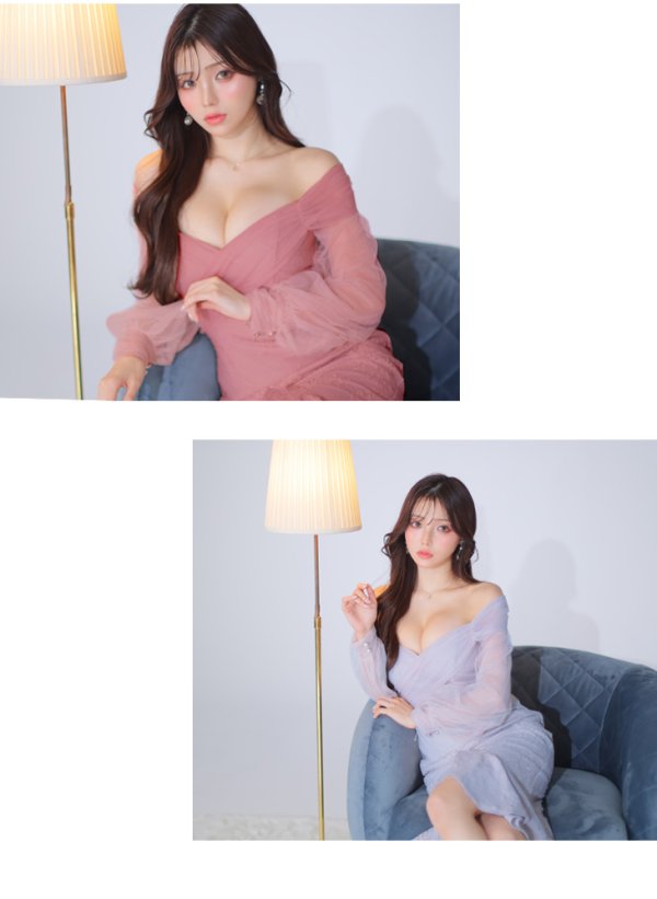 画像26: Lサイズあり【DEA./ディア】チュールスリーブ/ オフショル/ 長袖/ 総レース/ マーメイド/ ミモレ丈/ ミディアムドレス/ キャバドレス【OF08】 (26)