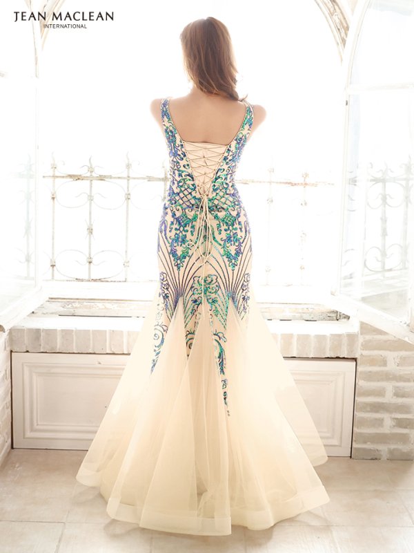画像3: Lサイズあり【JEAN MACLEAN/ジャンマクレーン】スパンコール刺繍/ マーメイド/ チュール / スピンドル/ Vネック/ ノースリーブ/ ロング/ キャバドレス long[OF2A] (3)