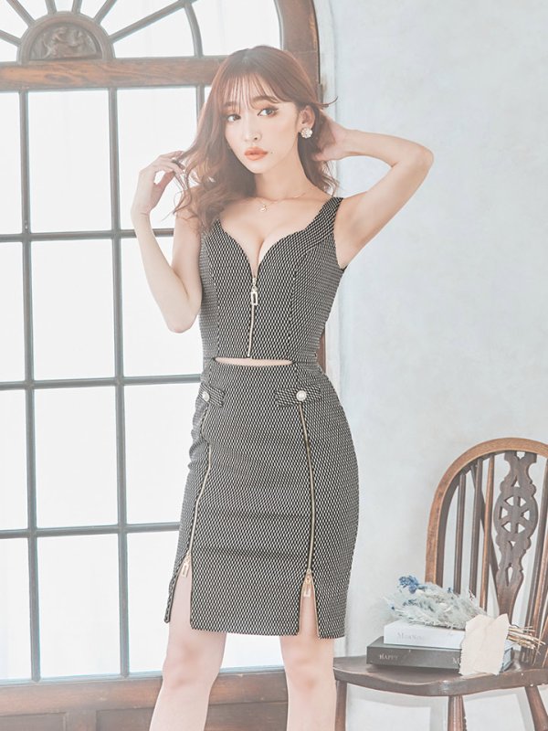 画像6: 【JEAN MACLEAN/ジャンマクレーン】ラメニット/ フロントジップ/ ストレッチ/ ノースリーブ/ タイト/ ミディアムドレス/ キャバドレス【HC02】 (6)