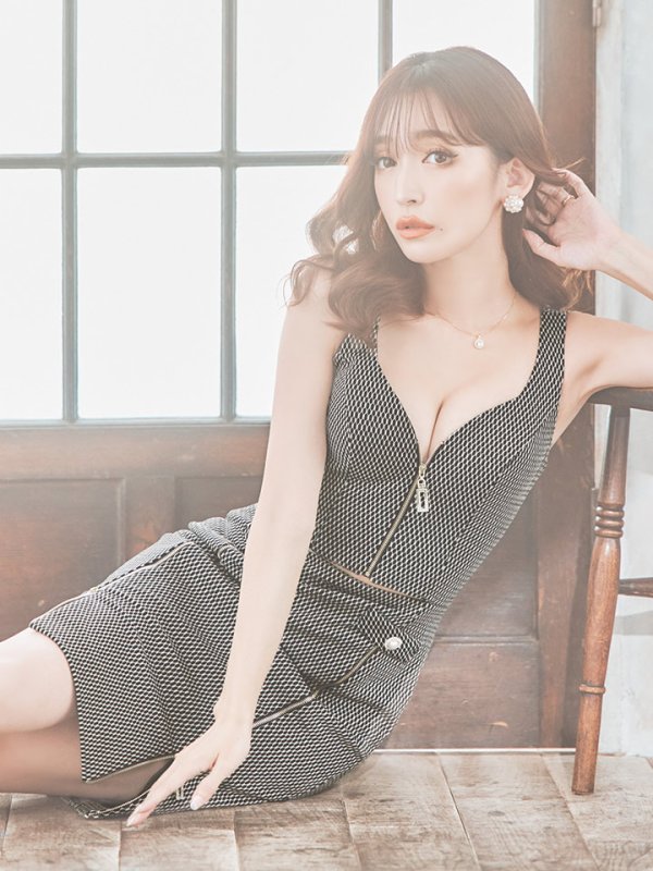 画像8: 【JEAN MACLEAN/ジャンマクレーン】ラメニット/ フロントジップ/ ストレッチ/ ノースリーブ/ タイト/ ミディアムドレス/ キャバドレス【HC02】 (8)