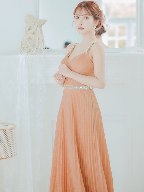 画像4: Lサイズあり【IRMA/イルマ】ラメ/ プリーツ/ ビジュー/ ノースリーブ/ スピンドル/ Aライン/ ロング/ キャバドレス long[OF2A] (4)