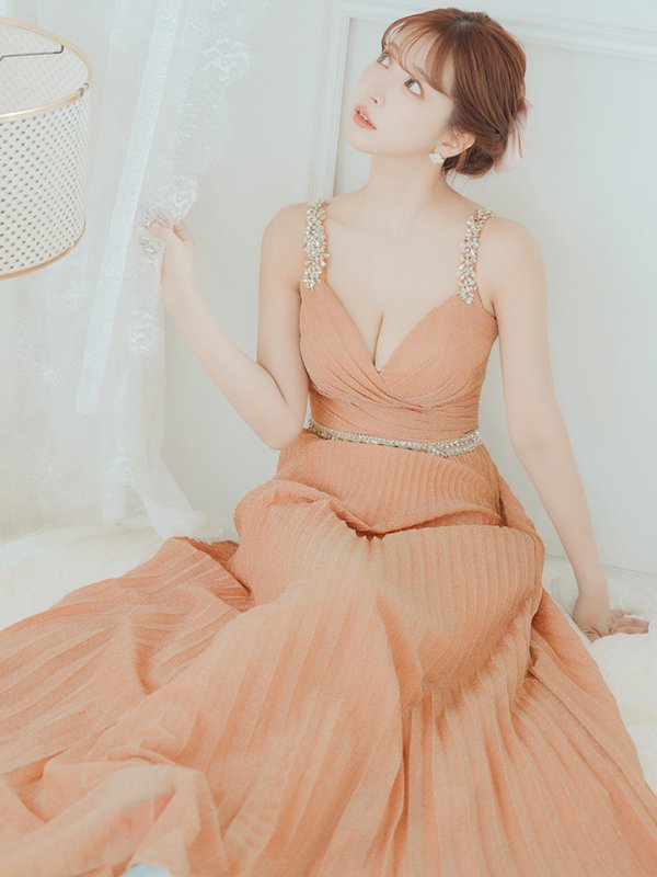 画像8: Lサイズあり【IRMA/イルマ】ラメ/ プリーツ/ ビジュー/ ノースリーブ/ スピンドル/ Aライン/ ロング/ キャバドレス long[OF2A] (8)