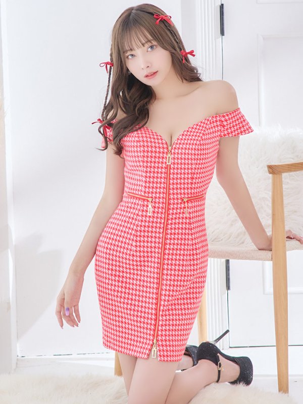 XSサイズあり【IRMA/イルマ】千鳥柄/ フロントジップ/ オフショル/ タイト/ ストレッチ/ ミニドレス/ キャバドレス　レッド