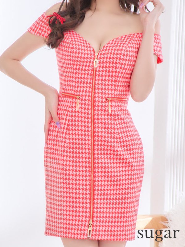 画像10: 【新春セール開催中！! 】XSサイズあり【IRMA/イルマ】千鳥柄/ フロントジップ/ オフショル/ タイト/ ストレッチ/ ミニドレス/ キャバドレス【HC02】 (10)
