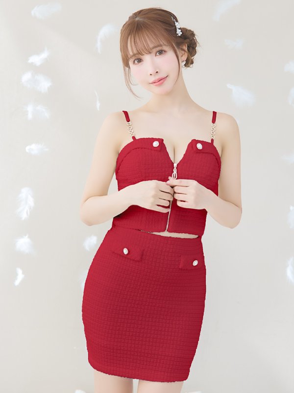 画像2: XSサイズあり【IRMA/イルマ】セットアップ/ ワッフル/ ニット/ フロントジップ/ キャミソール/ バックル/ タイト/ ミニドレス/ キャバドレス【HC02】 (2)