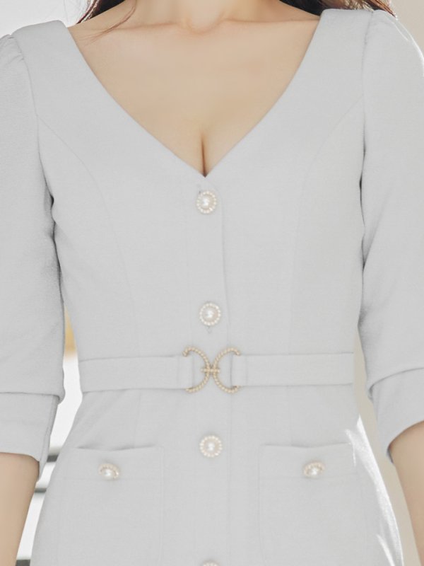 画像15: Lサイズあり【JEAN MACLEAN/ジャンマクレーン】シンプル/ ラメ/ ワンカラー/ パールボタン/ 五分袖/ 袖あり/ ベルトデザイン/ タイト/ ひざ丈/ ミディアムドレス/キャバドレス【HC02】 (15)