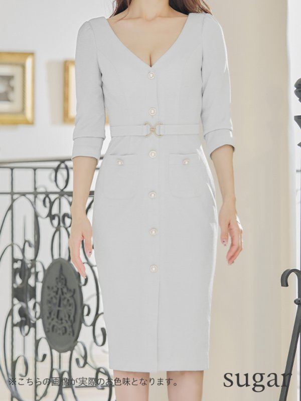 画像13: Lサイズあり【JEAN MACLEAN/ジャンマクレーン】シンプル/ ラメ/ ワンカラー/ パールボタン/ 五分袖/ 袖あり/ ベルトデザイン/ タイト/ ひざ丈/ ミディアムドレス/キャバドレス【HC02】 (13)
