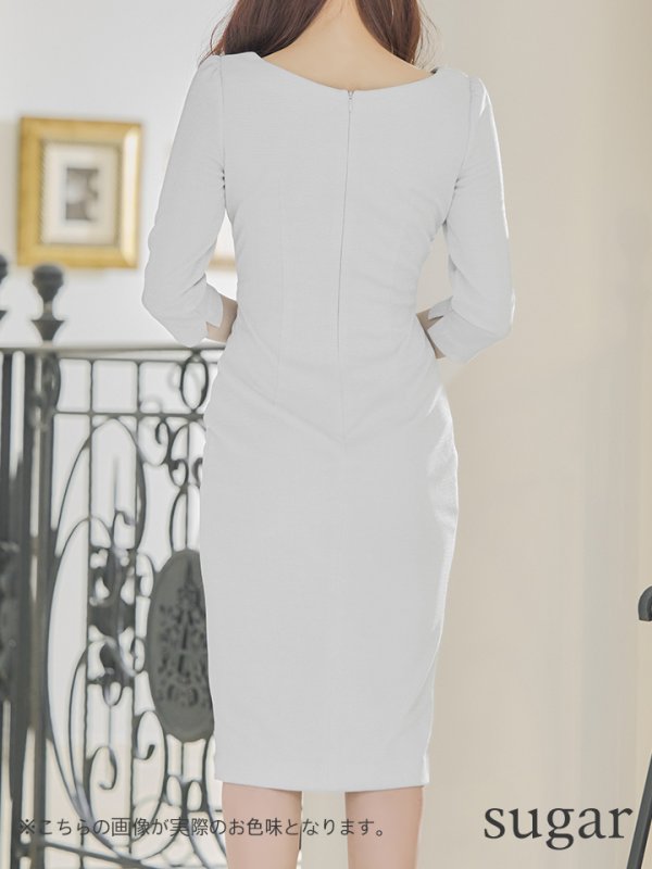 画像14: Lサイズあり【JEAN MACLEAN/ジャンマクレーン】シンプル/ ラメ/ ワンカラー/ パールボタン/ 五分袖/ 袖あり/ ベルトデザイン/ タイト/ ひざ丈/ ミディアムドレス/キャバドレス【HC02】 (14)