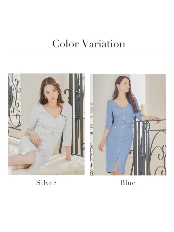 画像19: Lサイズあり【JEAN MACLEAN/ジャンマクレーン】シンプル/ ラメ/ ワンカラー/ パールボタン/ 五分袖/ 袖あり/ ベルトデザイン/ タイト/ ひざ丈/ ミディアムドレス/キャバドレス【HC02】 (19)