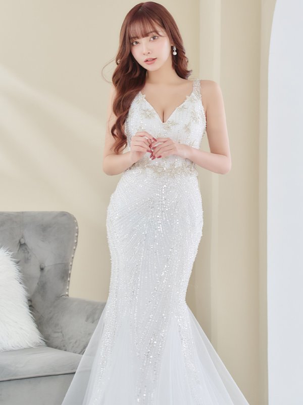 画像11: Lサイズあり【JEAN MACLEAN/ジャンマクレーン】 マーメイド/ ワンカラー/ ビーズ刺繍/ チュール/ スピンドル/ ロングドレス/ キャバドレスlong[OF2A] (11)