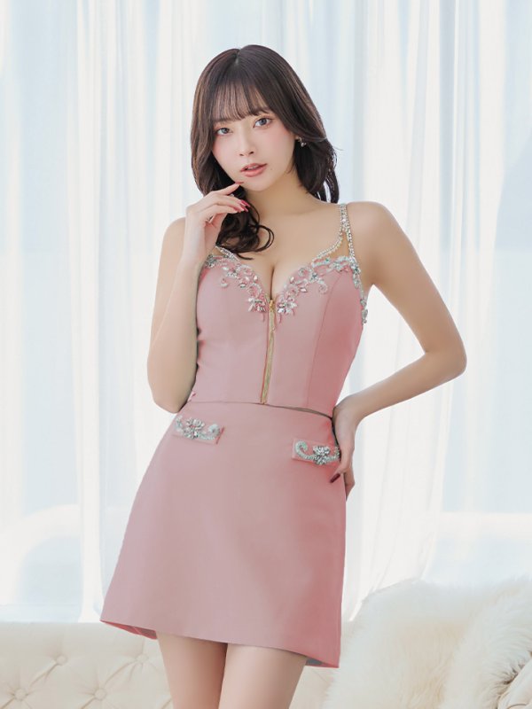 画像2: sugarオリジナルカラー・XSサイズあり【IRMA/イルマ】セットアップ/ ワンカラー/ ビジュー/ フロントボタン/ 台形スカート/ ミニドレス/ キャバドレス【HC02】 (2)